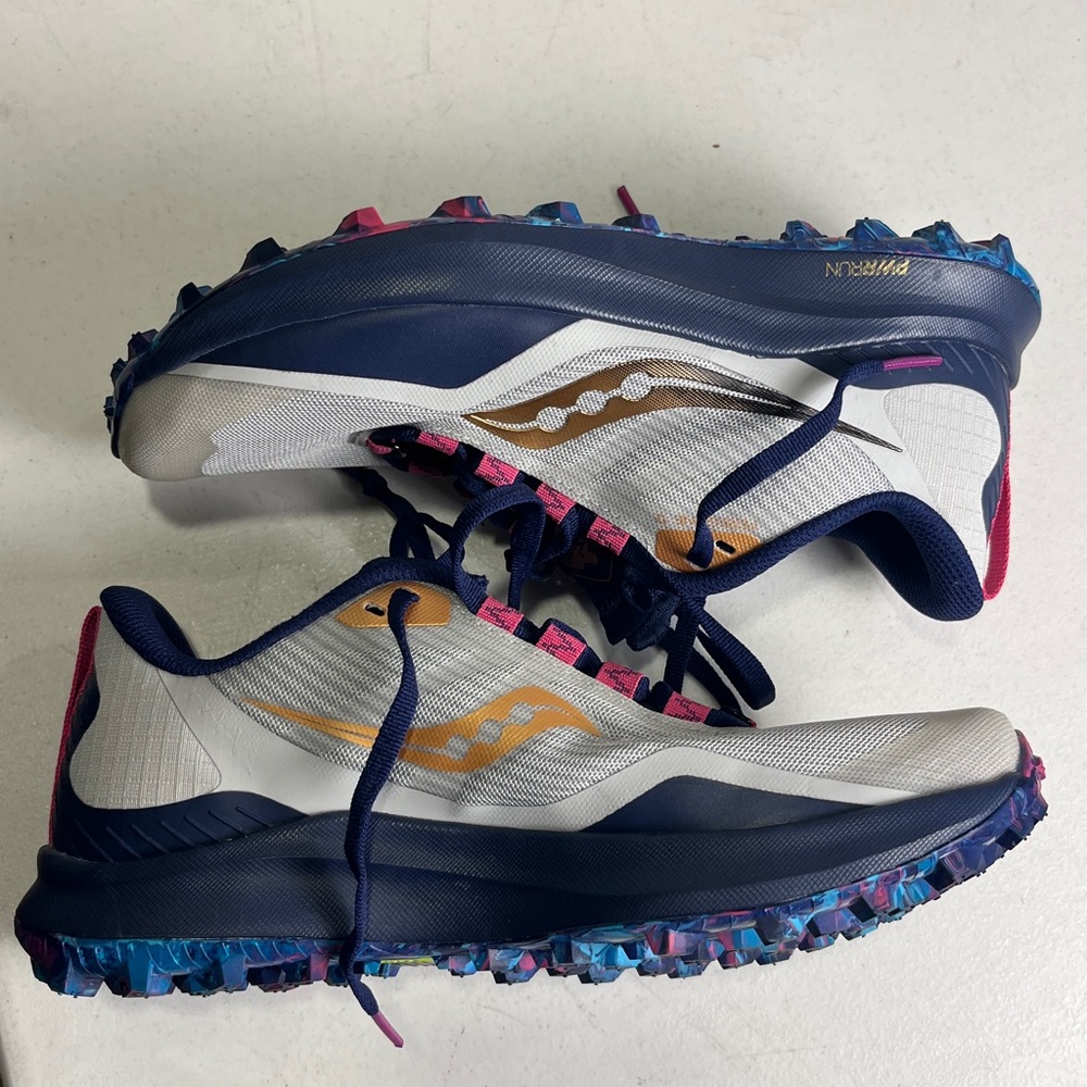 Women’s Saucony Peregrine 12 Trail Running Shoes - Navy, Gold, and Pink